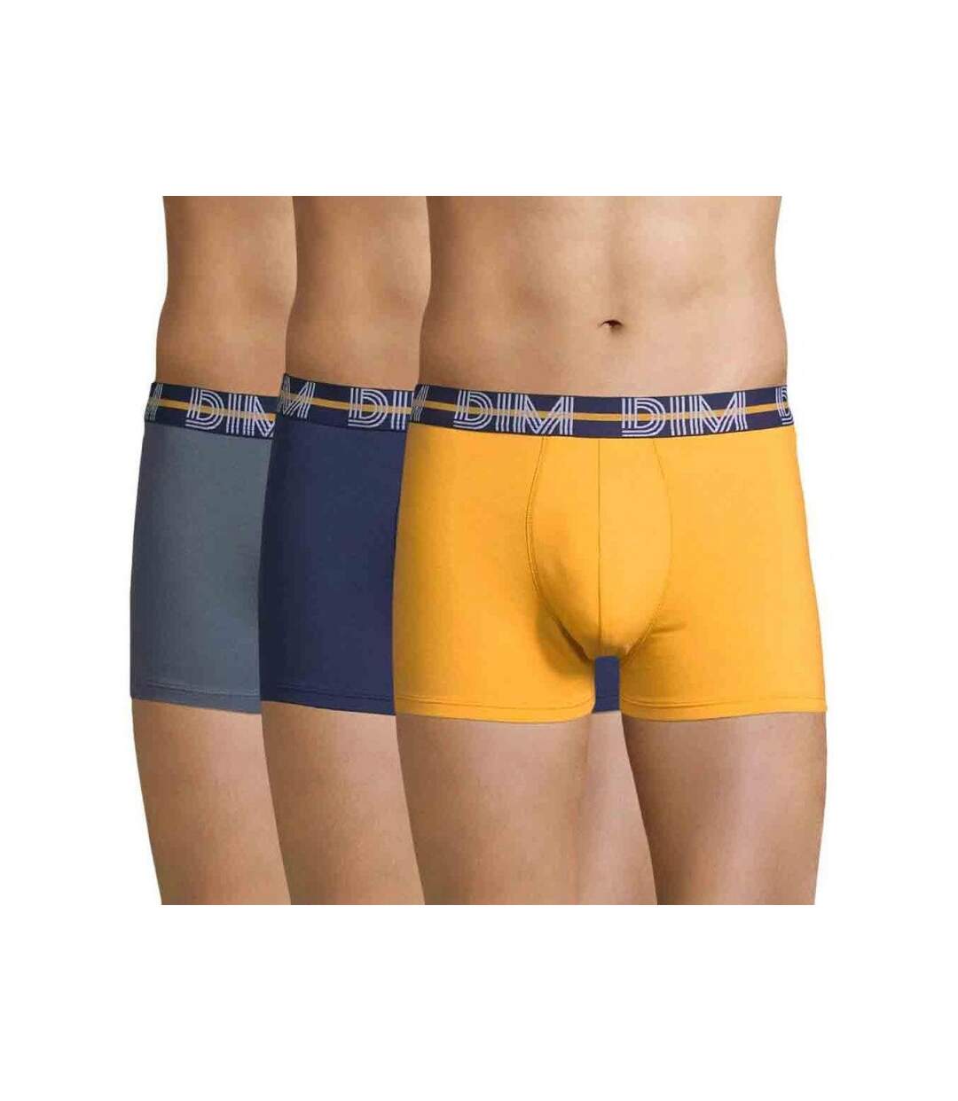 DIM Lot de 3 Boxers Homme Coton POWERFULL Gris Souris Jaune Mimosa Bleu Acier