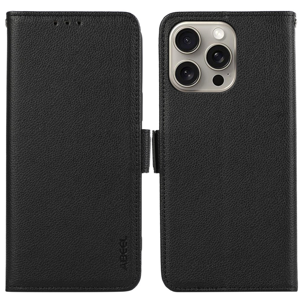 iPhone 13 Pro Leder Tasche Flip Cover Litchi Look (RFID Schutz) - Schwarz