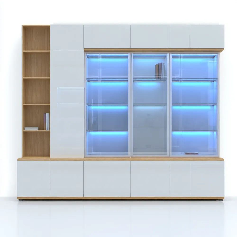 Dekoschrank Holz-Glas 250x50x200 cm - Weiß/Holz - Modernes Design