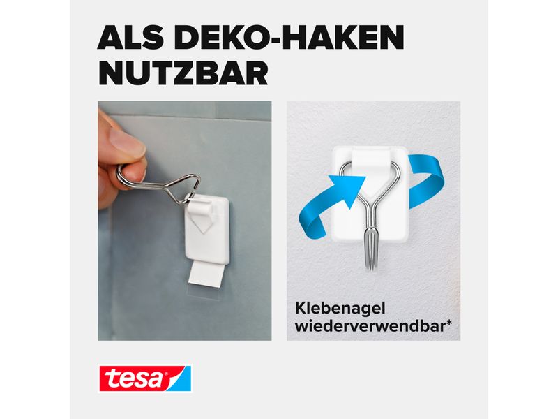 tesa Klebehaken Powerstrips Haken Small Weiss, 1 kg Haltekr Selbstklebende Haken mit abnehmbarem Drahthaken – wiederverwendbar – Montage ohne Bohren