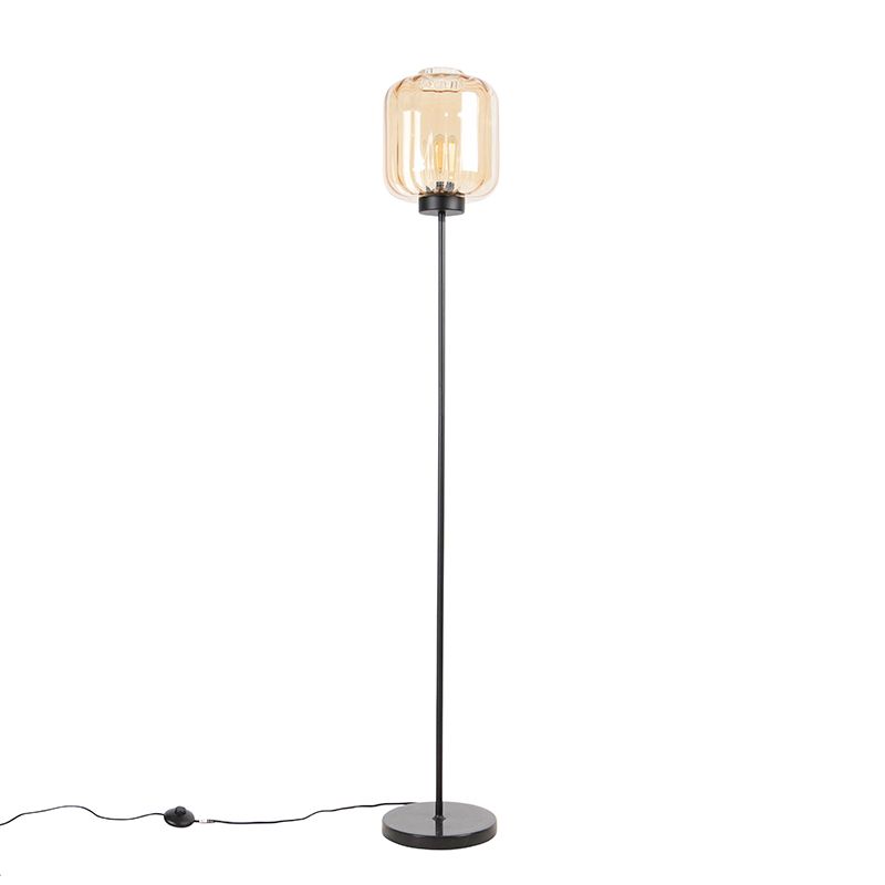 Design vloerlamp zwart met amber glas - Qara