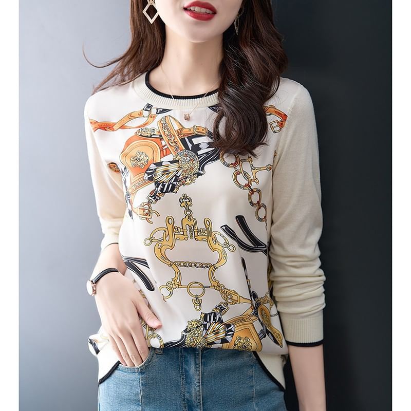 Kwuartz - Gebreide top met lange mouwen, ronde hals en print en contrasterende bies