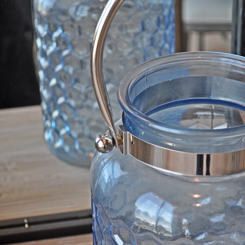 Grande lanterne verre bleu 29x18 cm
