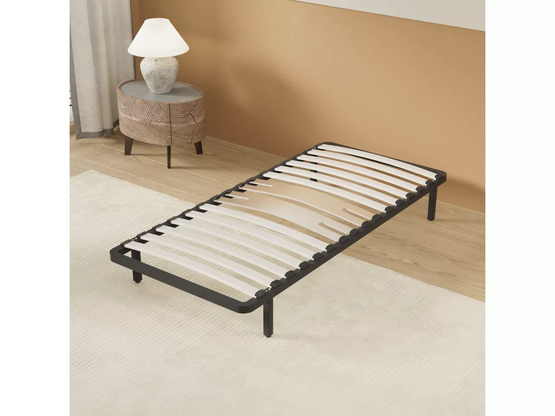 Cadre à lattes en bois 120x190 cm – cadre en acier et lattes en bois – 7 pieds hauteur 25cm – renfort lombaire