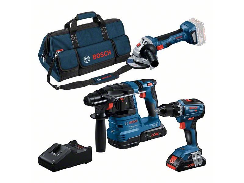 Bosch Professional Akku-Werkzeugset 18 V Combo Kit Set bestehend aus Akku-Bohrschrauber, Akku-Winkelschleifer und Akku-Bohrhammer mit SDS plus