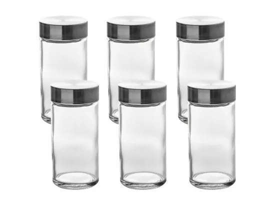 Lot de 6 pots à épices en verre et métal - 80ml - H 9,5 x F 4,5 cm