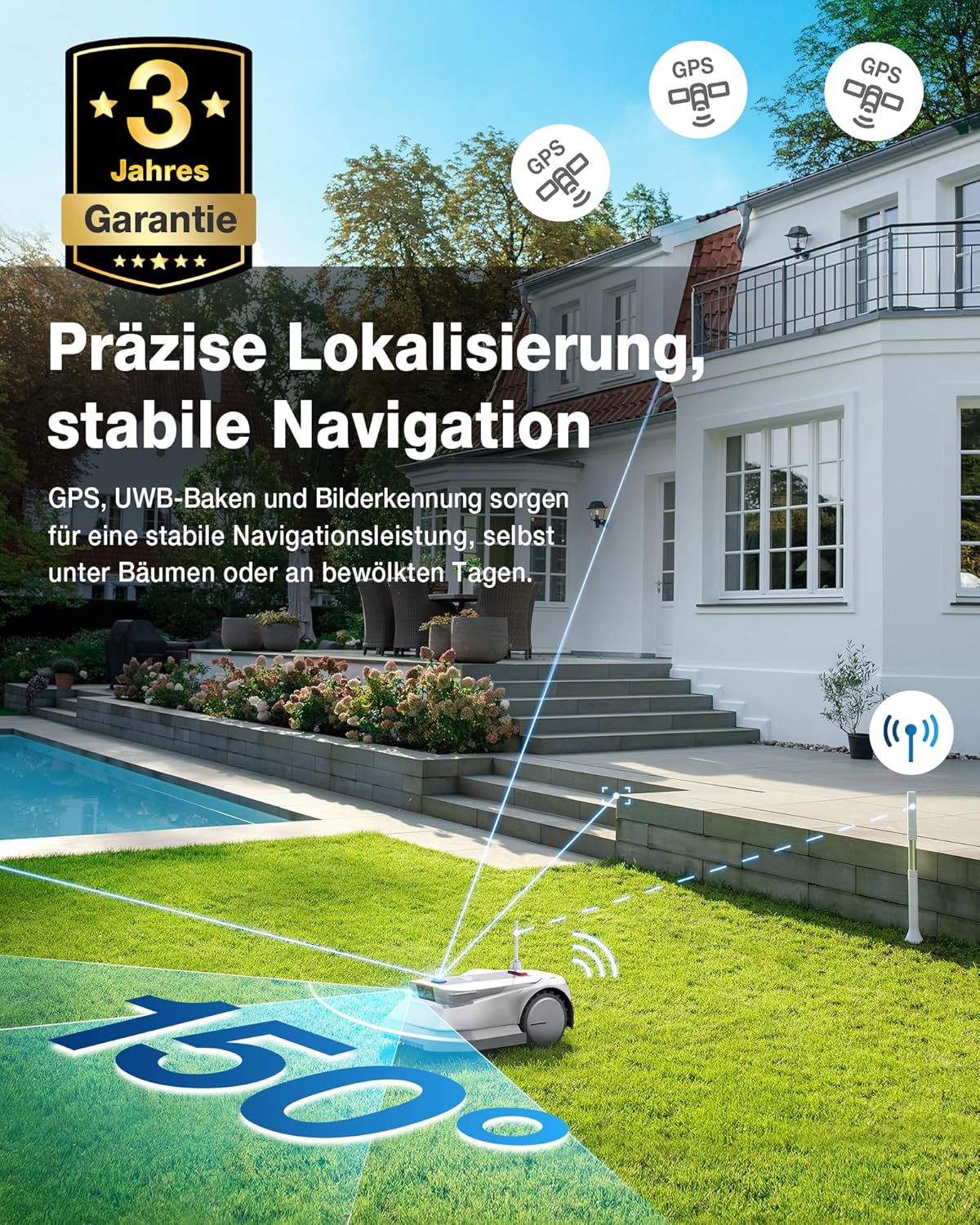 ECOVACS Goat G1-800 Mähroboter 800㎡ ohne Begrenzungskabel, vollautomatischer kartierender Rasenroboter, Ultra-Weitband+Vision+GPS-Positionierung, 16-Zonen-Management, intelligente Hindernisvermeidung