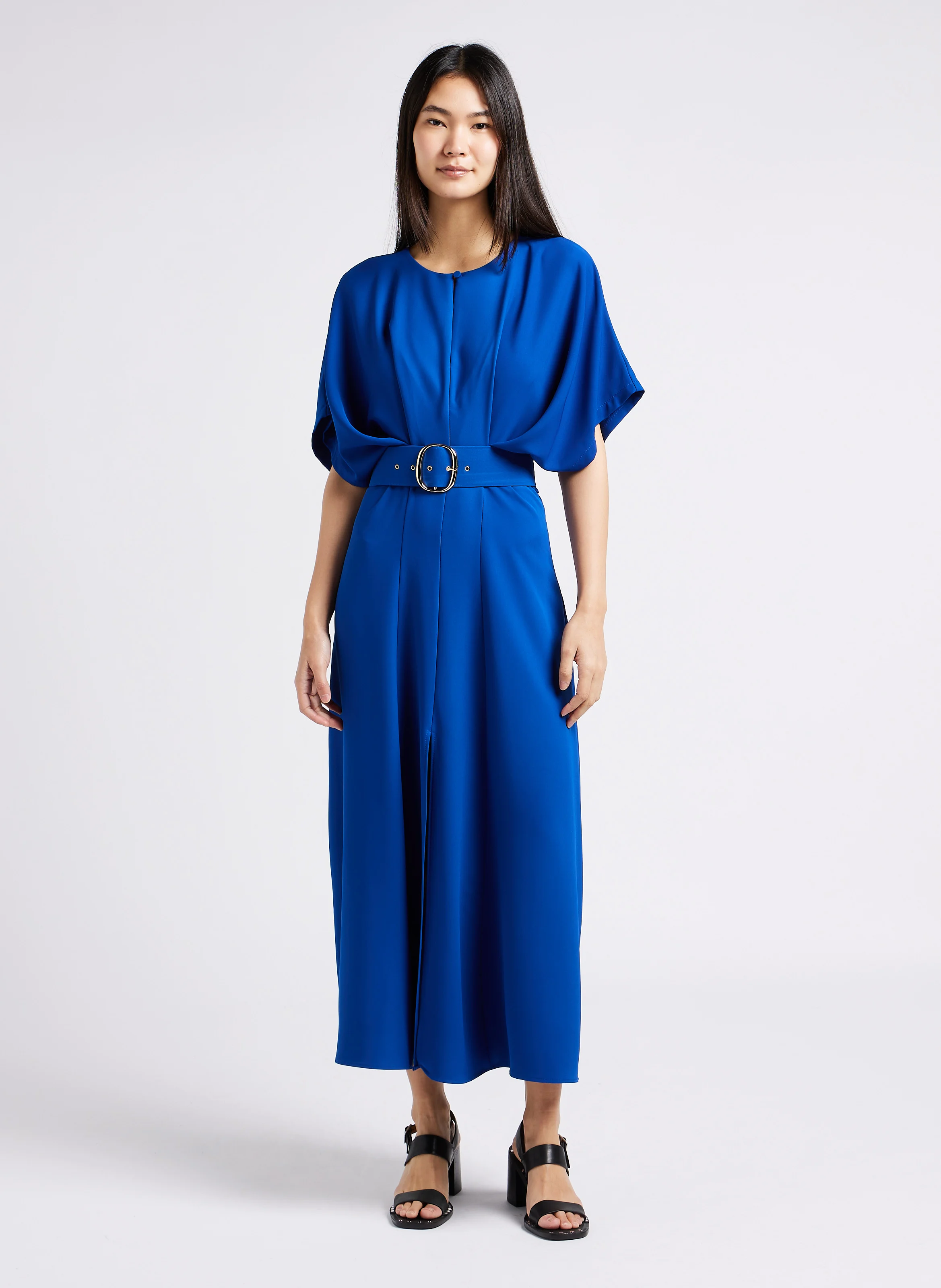 Robe longue cintrée col rond à manches chauve-souris | Bleu