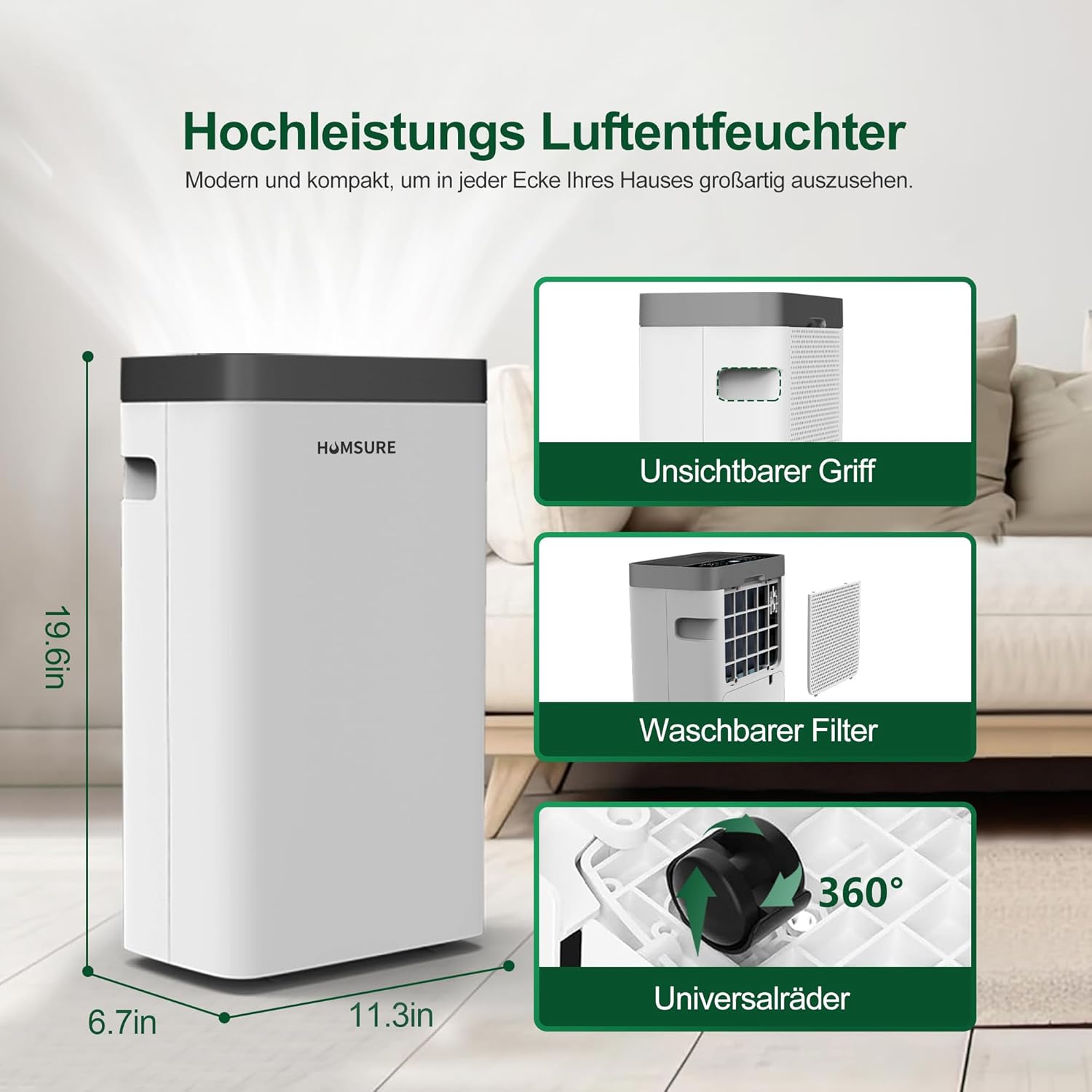 Luftentfeuchter 16L, Entfeuchter elektrisch, Luftentfeuchter Keller für Räume bis zu 122m³/25m², mit 1.2M Ablaufschlauch, Timer, 10 J. Gar.