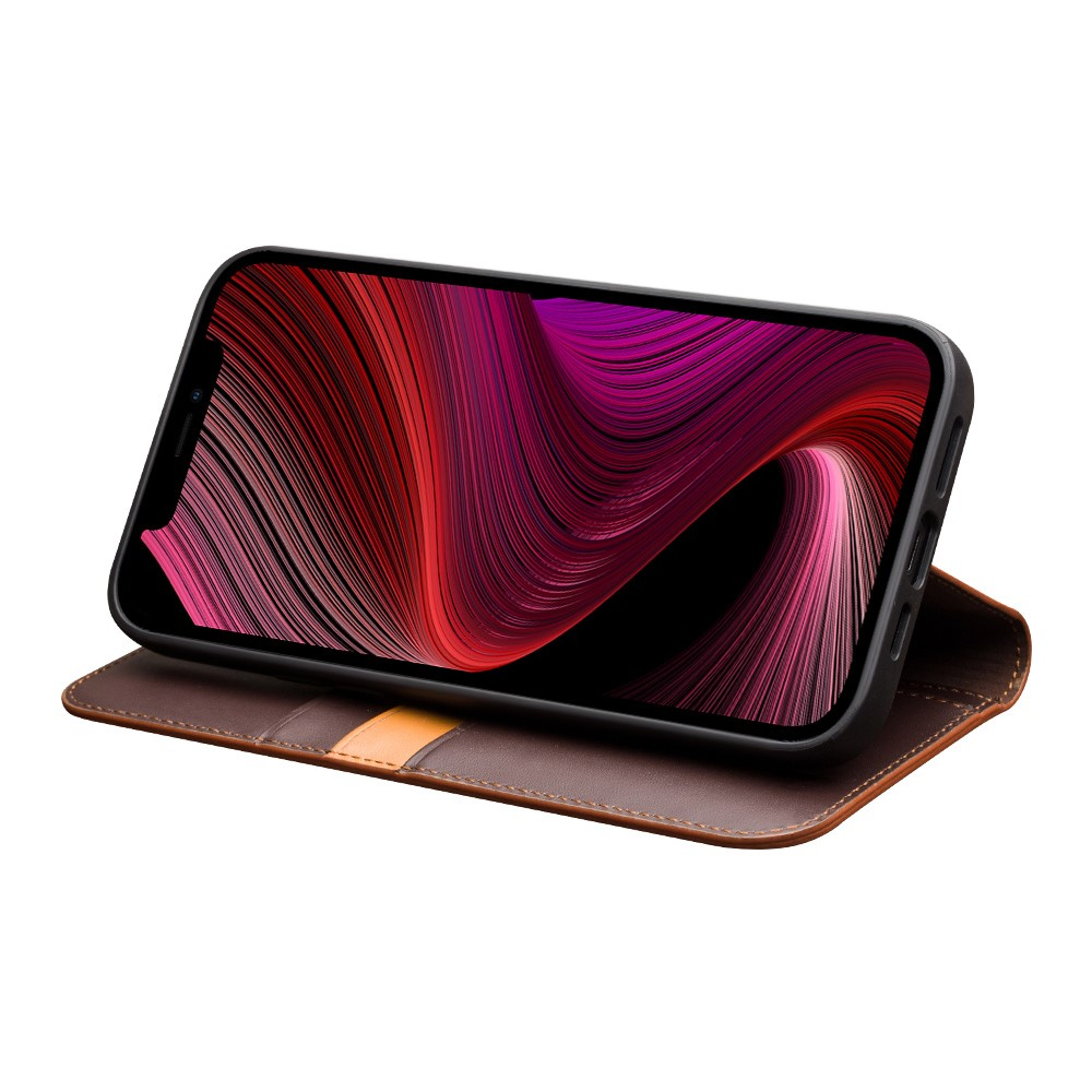 iPhone 13 Echtleder Tasche Flip Cover mit Kartenfächer - Braun (Matt)