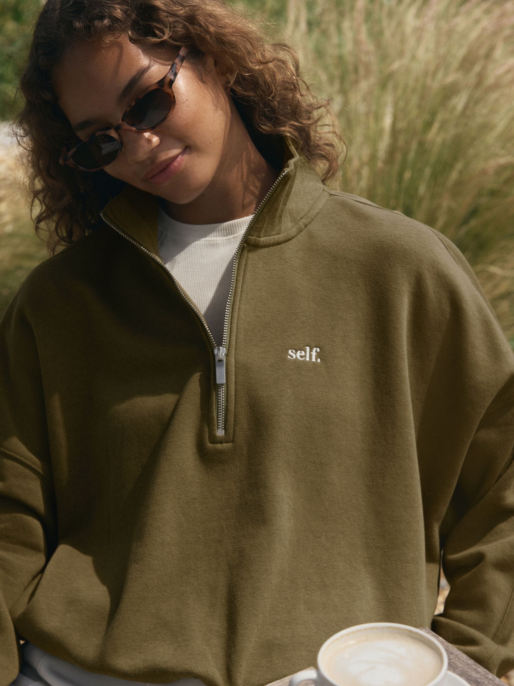 Olijfgroen - Sweatshirt met korte rits