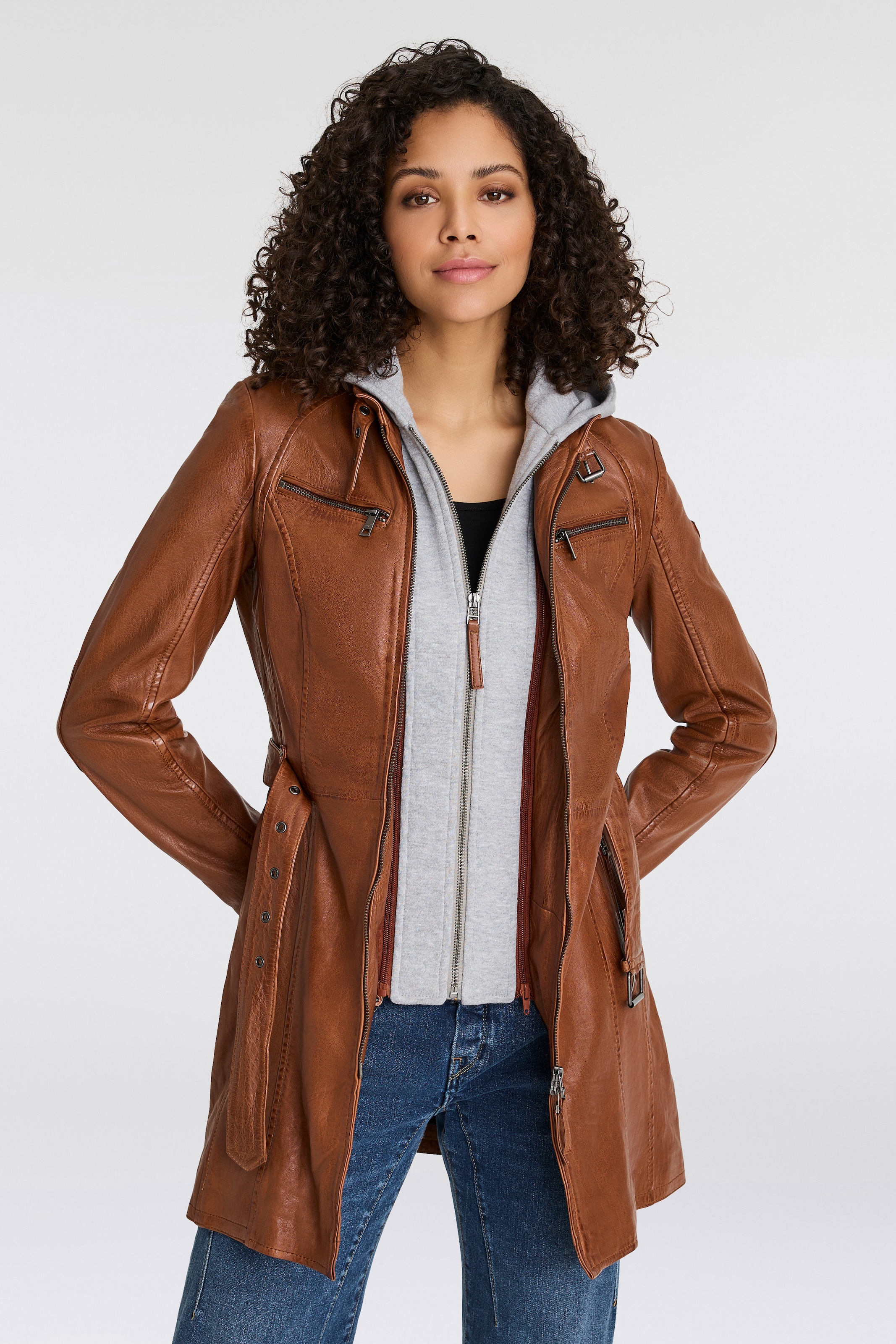 Mauritius Lederjacke »Bente OT 2« mit Kapuze (mit Gürtel) lange Lederjacke mit Gürtel & abnehmbarem Kapuzen-Inlay