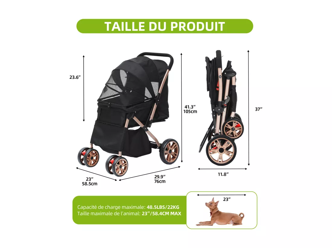 YITAHOME Poussette pour Chien Chat - avec Panier de Rangement - 4 Roulettes - Pliable - Noir