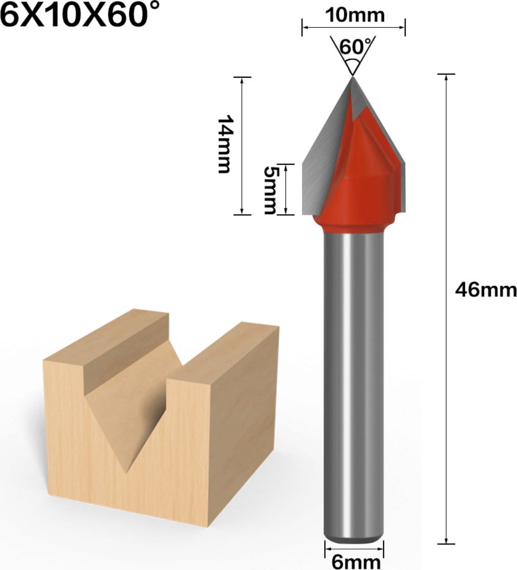 Twotrees  V-Nutfräser 60°, 6 x 10 x 60 mm    Fräser für die Holzbearbeitung