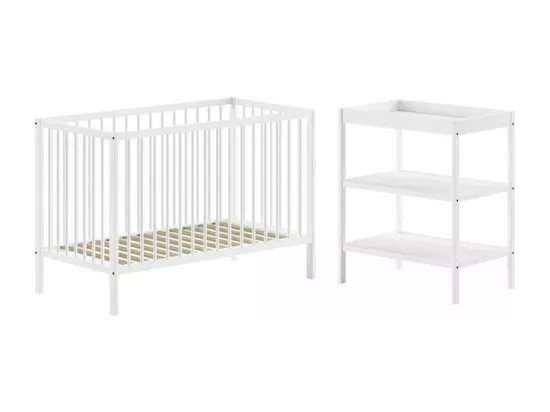 ELIOTT - Ensemble Lit Bébé Evolutif + Table à Langer en Hêtre Massif Laqué Blanc