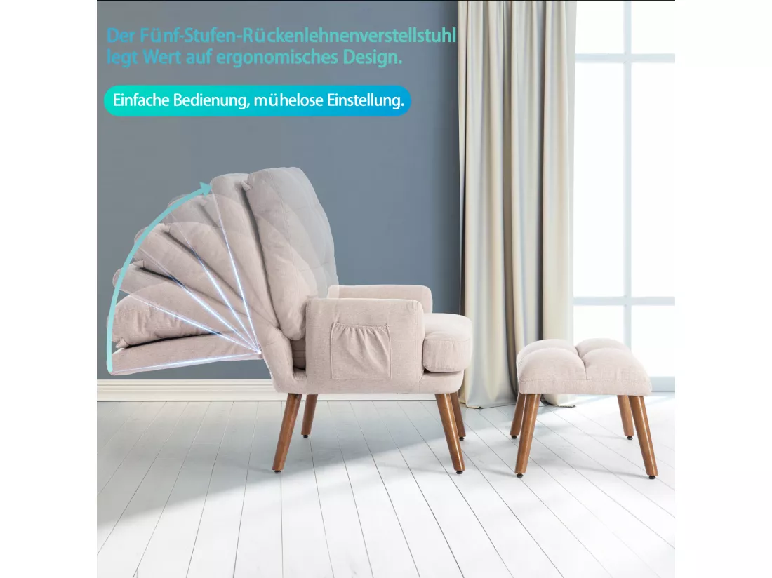 Chaise longue avec repose-pieds, dossier réglable sur 10 niveaux, inclinable, chaise avec étagère latérale-beige