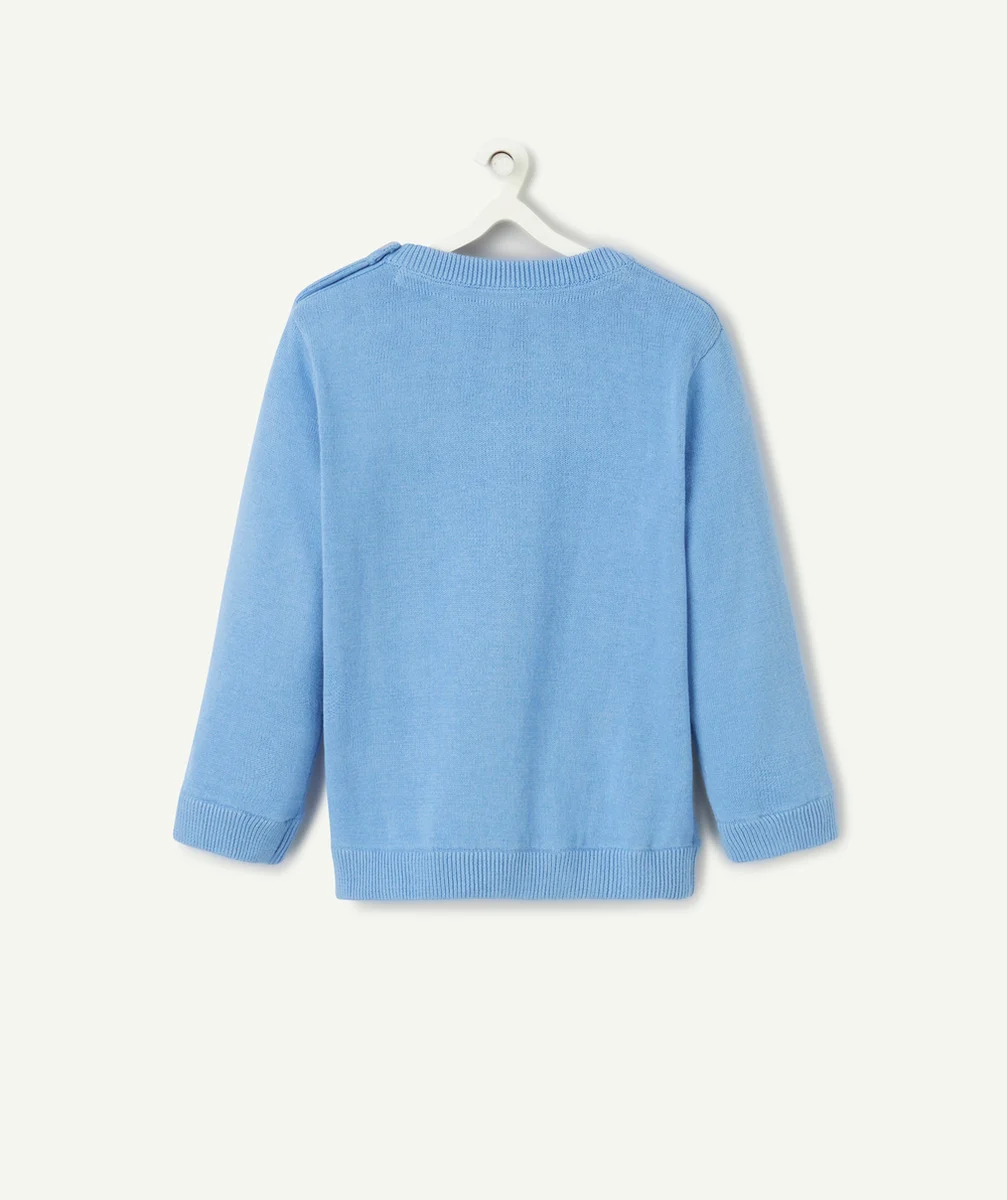 PULL TRICOT BÉBÉ GARÇON EN COTON BIO BLEU AVEC MESSAGE BRODÉ CHAT