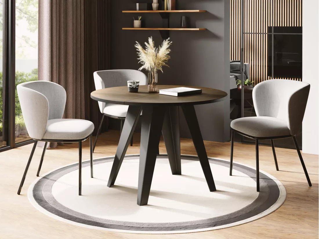 Table De Salle à Manger Ronde De Style Industriel - Moderne - Extensible De 100 Cm à 140 Cm - Pieds Métalliques Noirs - Compact Pour Petite Cuisine Ou Salon - Chêne