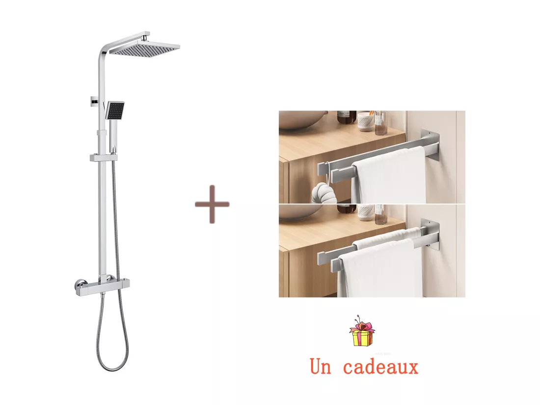 Système de Douche Carré Colonne Douche avec Mitigeur Thermostatique Système Douche Corps en Laiton+Porte Serviette Salle Bain Adhésif/Perçage,Brossé