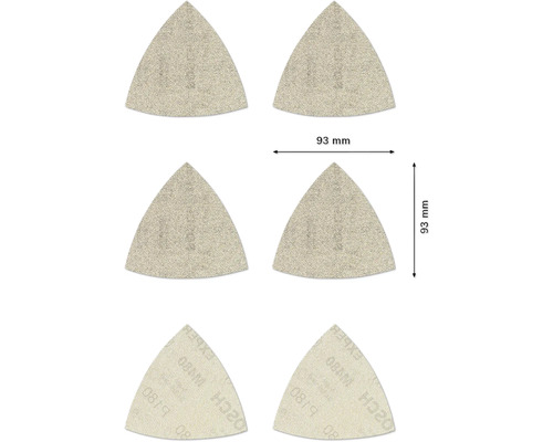 Schuurvel voor Bosch deltaschuurmachine, 93x93x93 mm, korrel 80/120/180, ongeperforeerd, 6 stuks