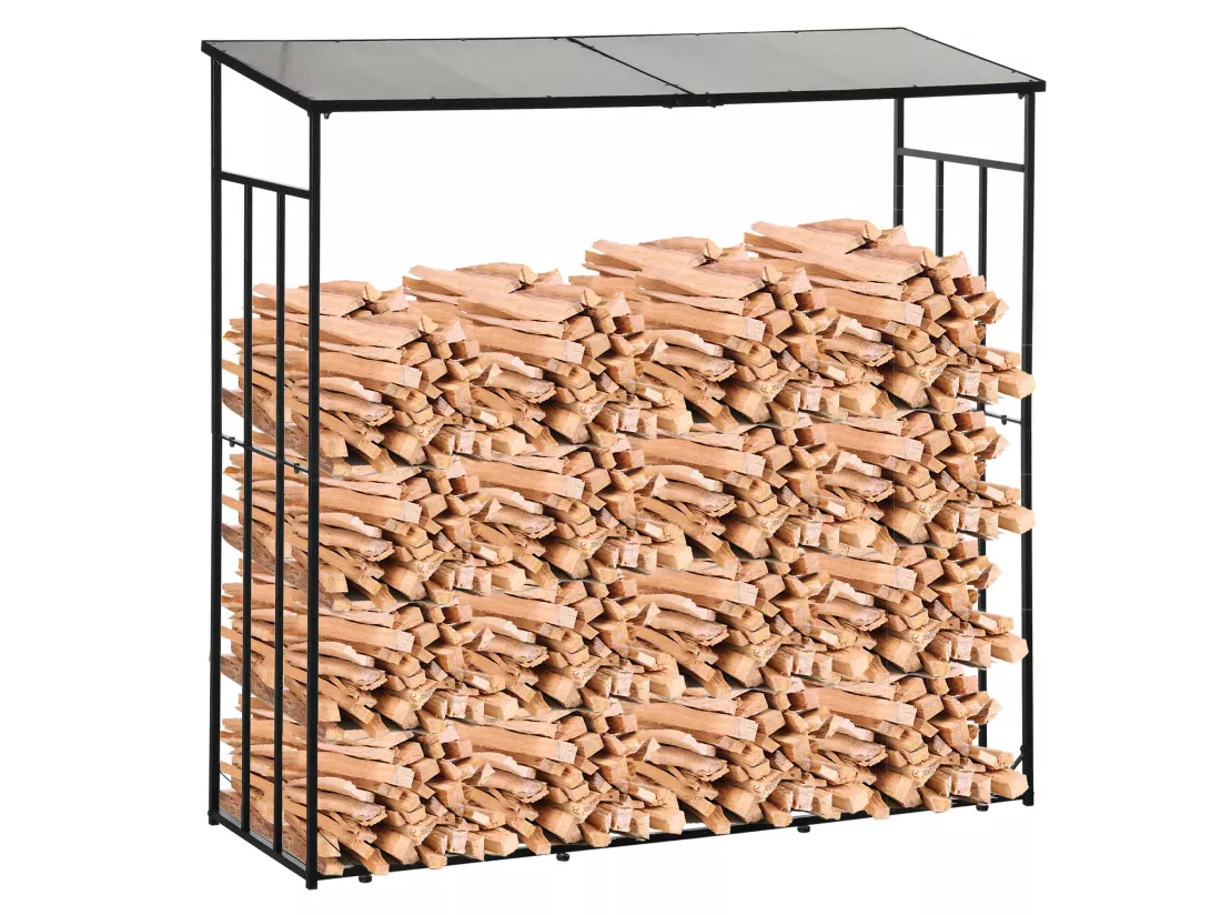 Abri-bûches pour bois de chauffage stockage extérieur du bois en métal et polycarbonate 185 x 67 x 185 cm noir