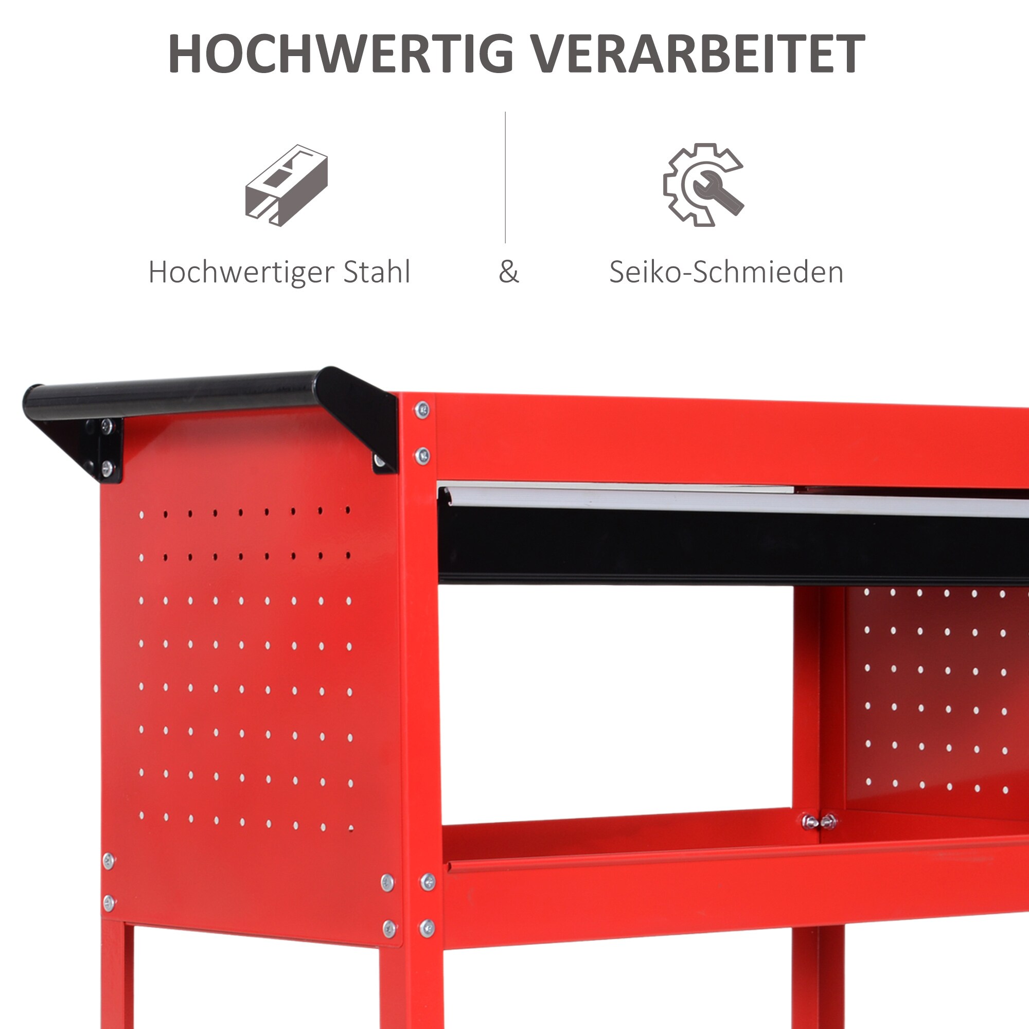 HOMCOM Werkstatt-Rollwagen mit Schublade und 3 Ebenen schwarz, rot 82L x 35B x 76H cm