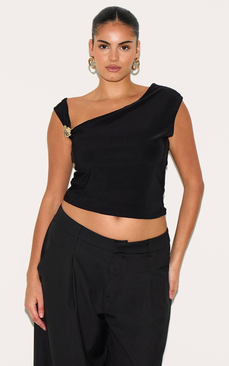 Noir Haut Asymétrique Grande Taille À Double Couche Slinky Avec Détails De Finition