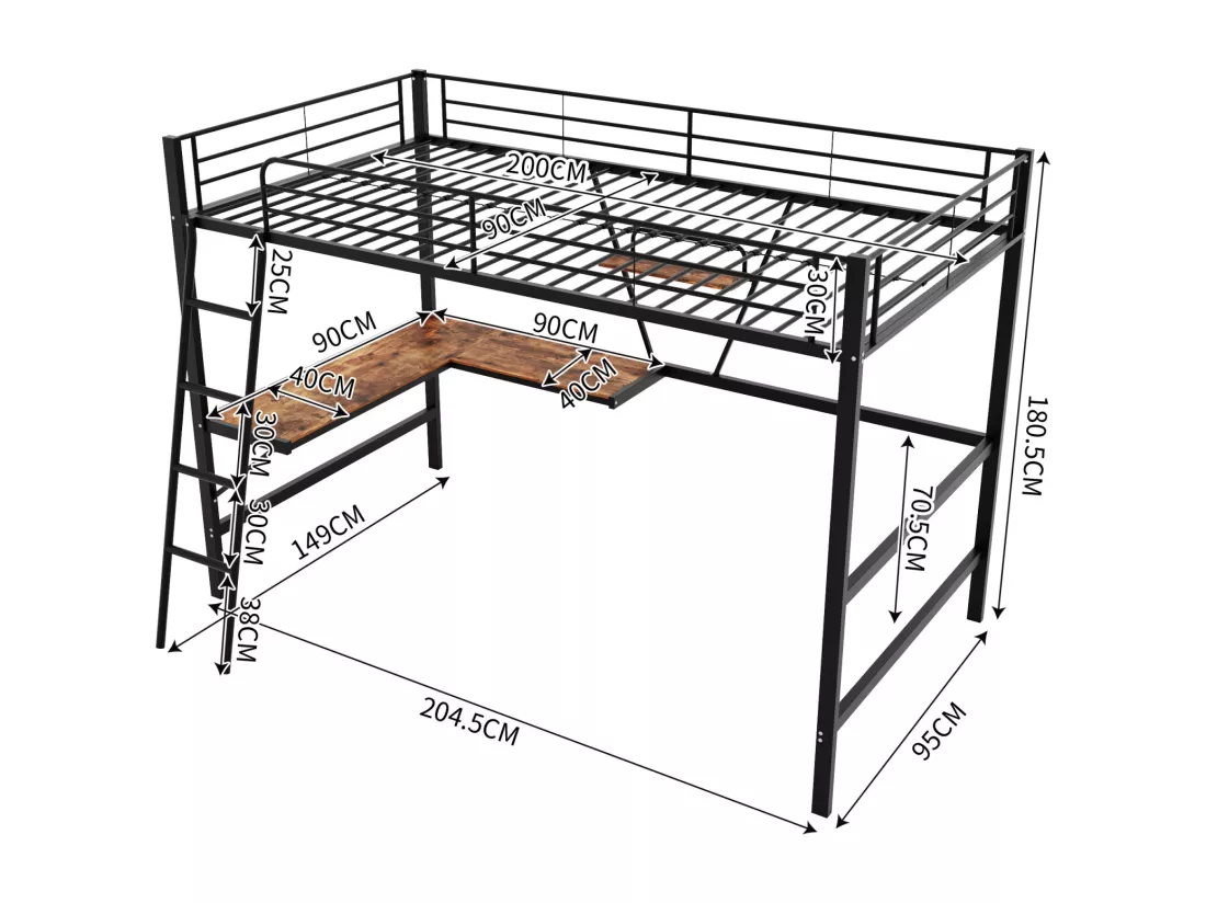 Lit mezzanine 90x200cm, cadre en métal, lit surélevé avec échelle, bureau en forme de L et 1 étagère pour enfants, adolescents, noir