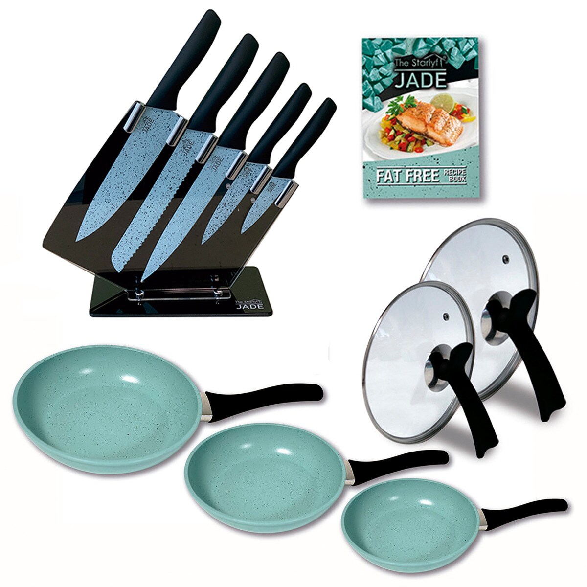 Starlyf® Küchenstarterset - Pfannenset - Messerset Jade Set of 5 + Jade Knife