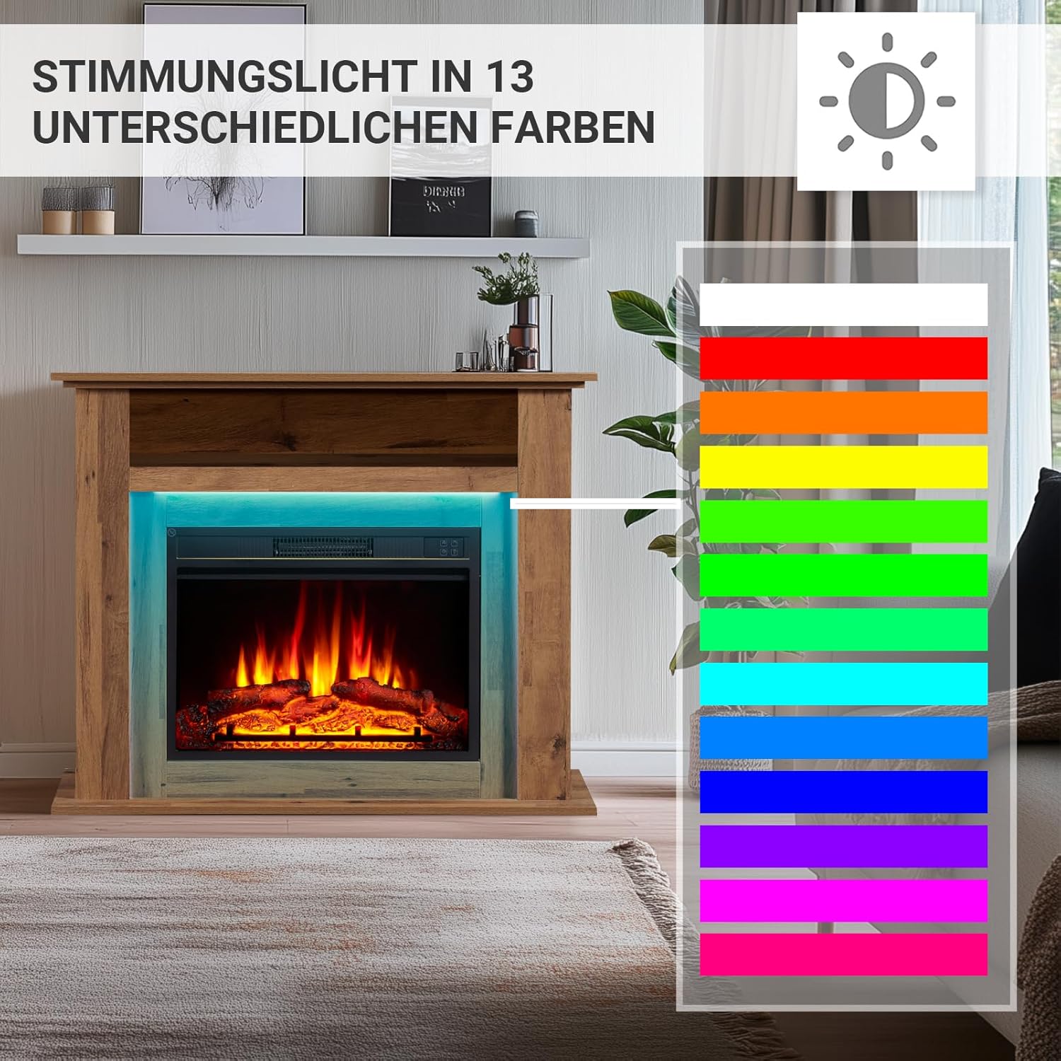 Elektrokamin BALDERIA Liora - Elektrischer Standkamin mit Ablagefach, 3D-Flammeneffekt, LED-Ambientebeleuchtung, Heizung 2000W, Timer, Thermostat, Fernbedienung - Dunkle Eiche