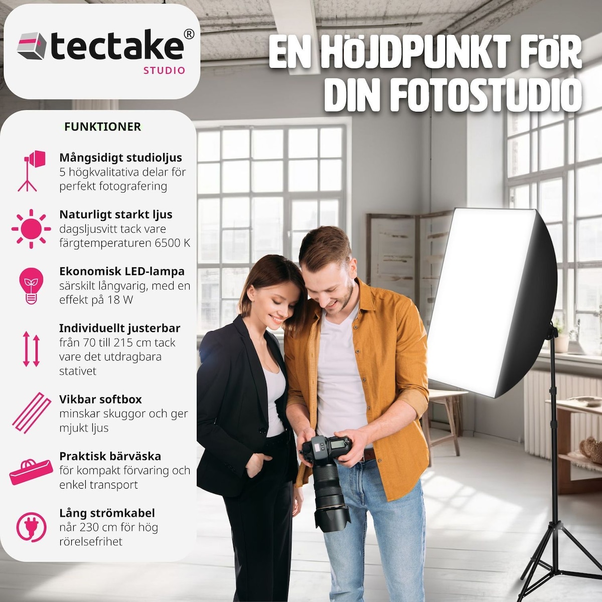 Studiolys med softbox, stativ og bæreveske - svart