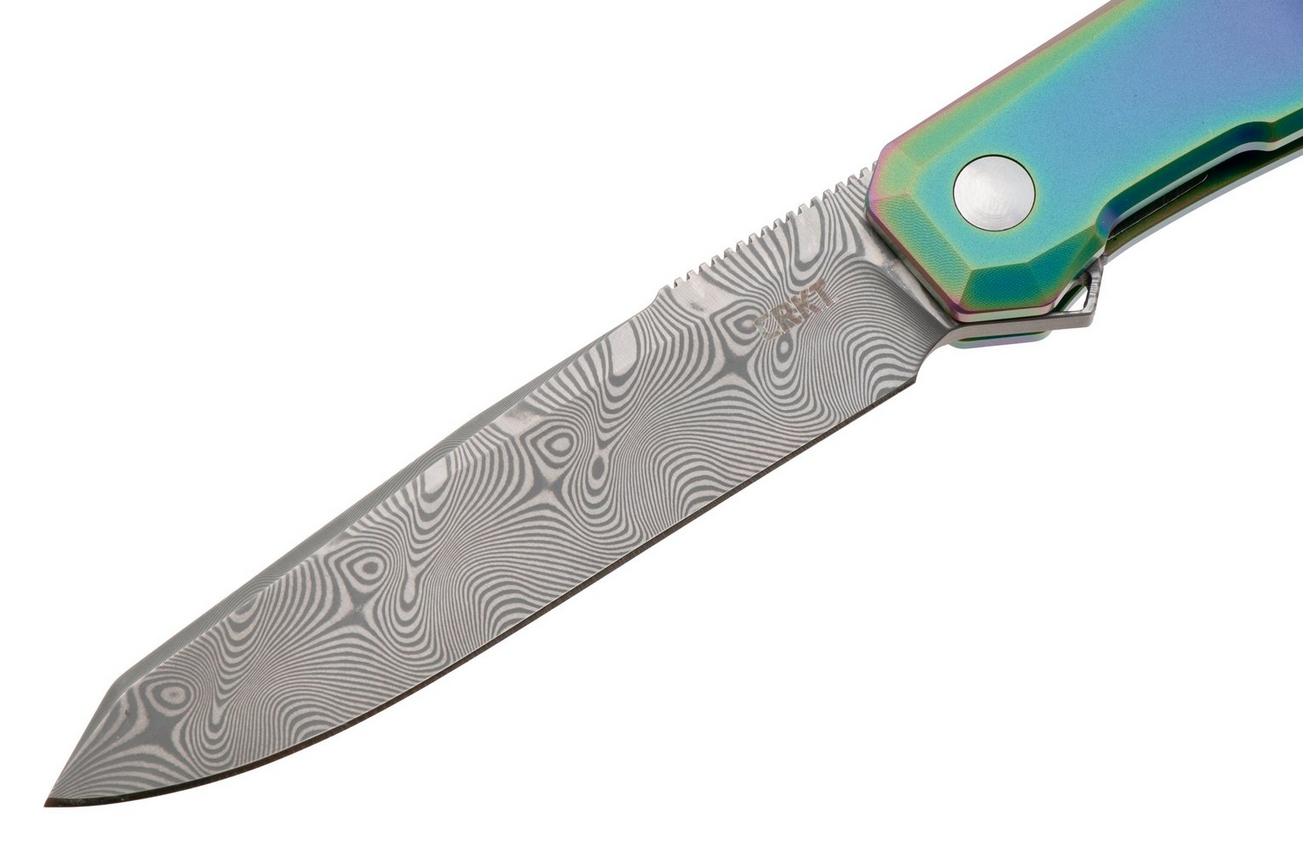 CRKT Facet K231TDP Damascus, Iridescent Titanium Nitride Titanium, zakmes, Ken Onion design