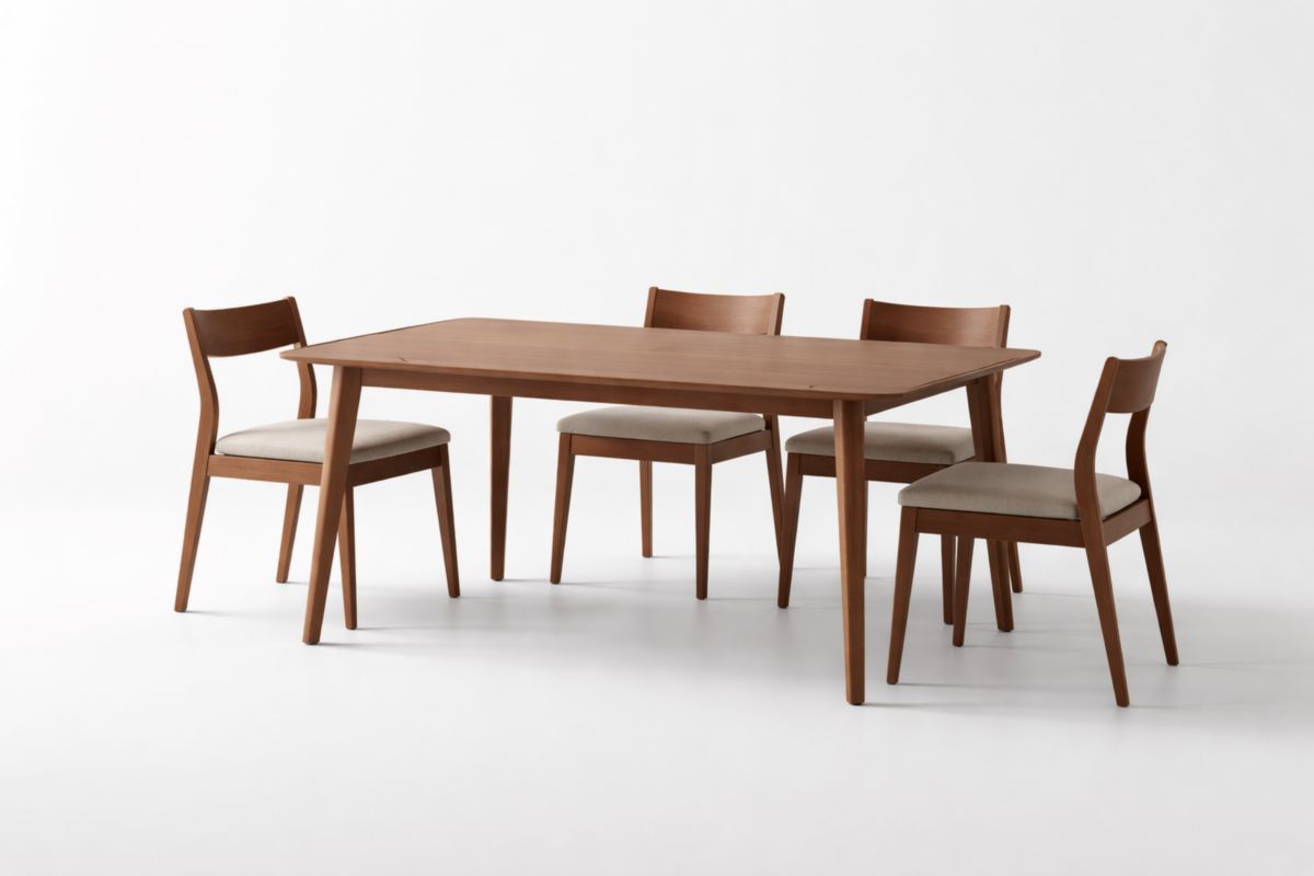 Esszimmerset aus Massivholz mit Tisch und 4 Stühlen, gepolstert, 150x90x75 cm(L × B × H)