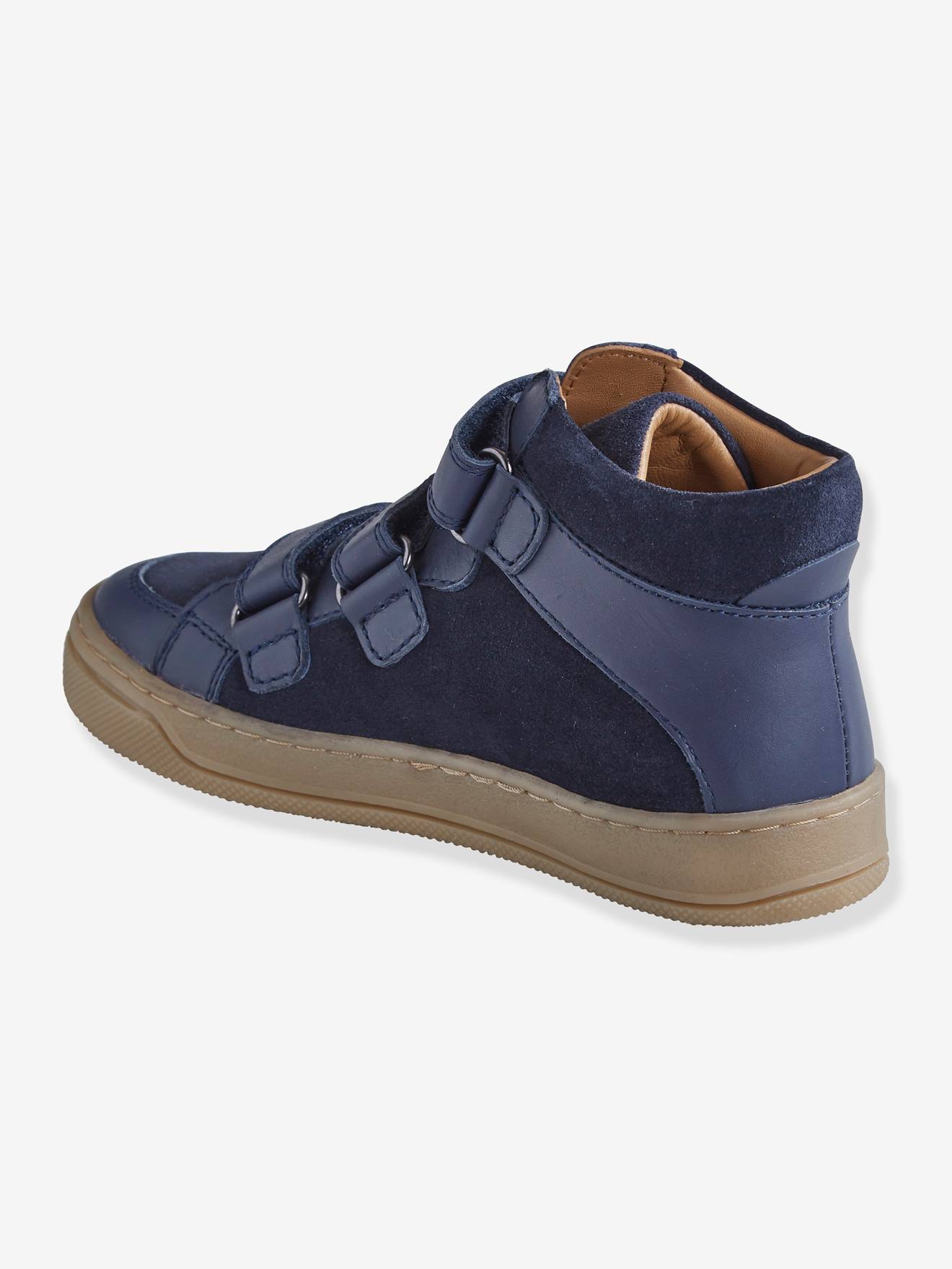 Tênis de cano alto em couro com fecho de velcro, para meninos, azul escuro liso