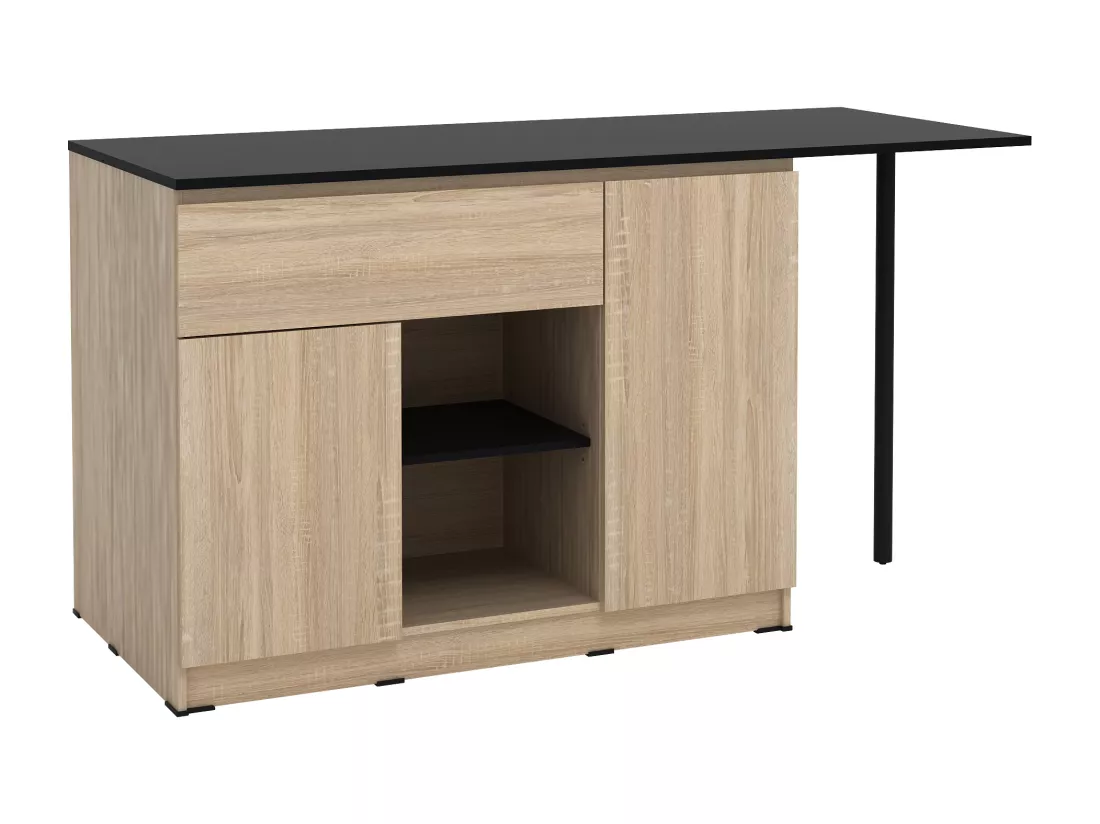Ilot central de cuisine avec 2 portes, 1 tiroir et 2 niches - Naturel et noir - TUNORI