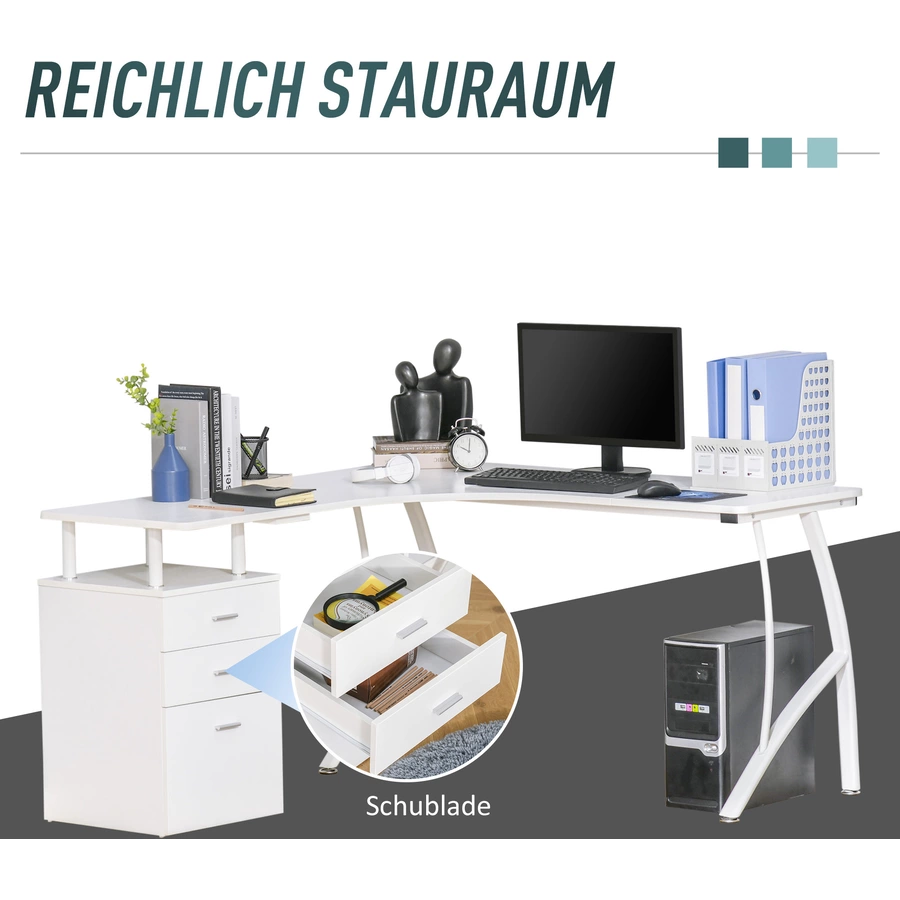 HOMCOM Schreibtisch in L-Form mit Schubladen weiß