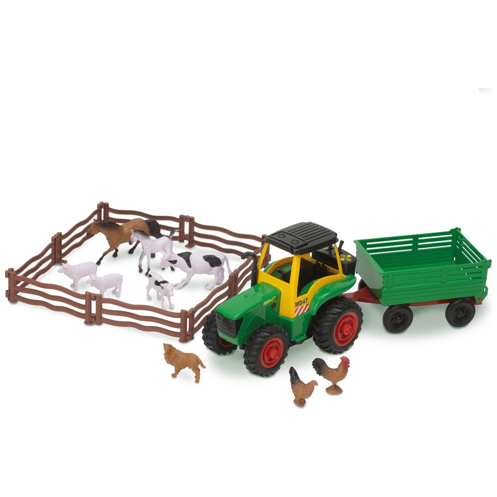 Traktor mit Anhänger und Tieren