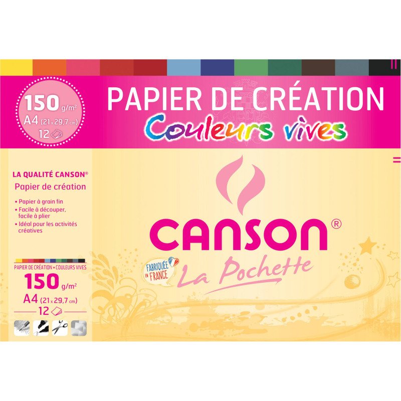 Pochette 12 feuilles papier couleurs vives assorties Canson Création 21 x 29,7 cm, 150 g