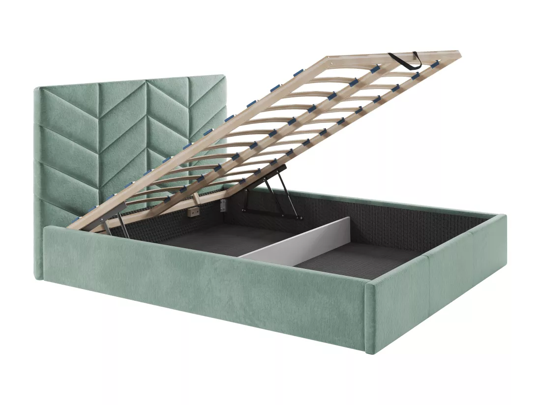 Lit coffre 140 x 190 cm - Tissu texturé - Vert amande + Matelas - JUSTANI
