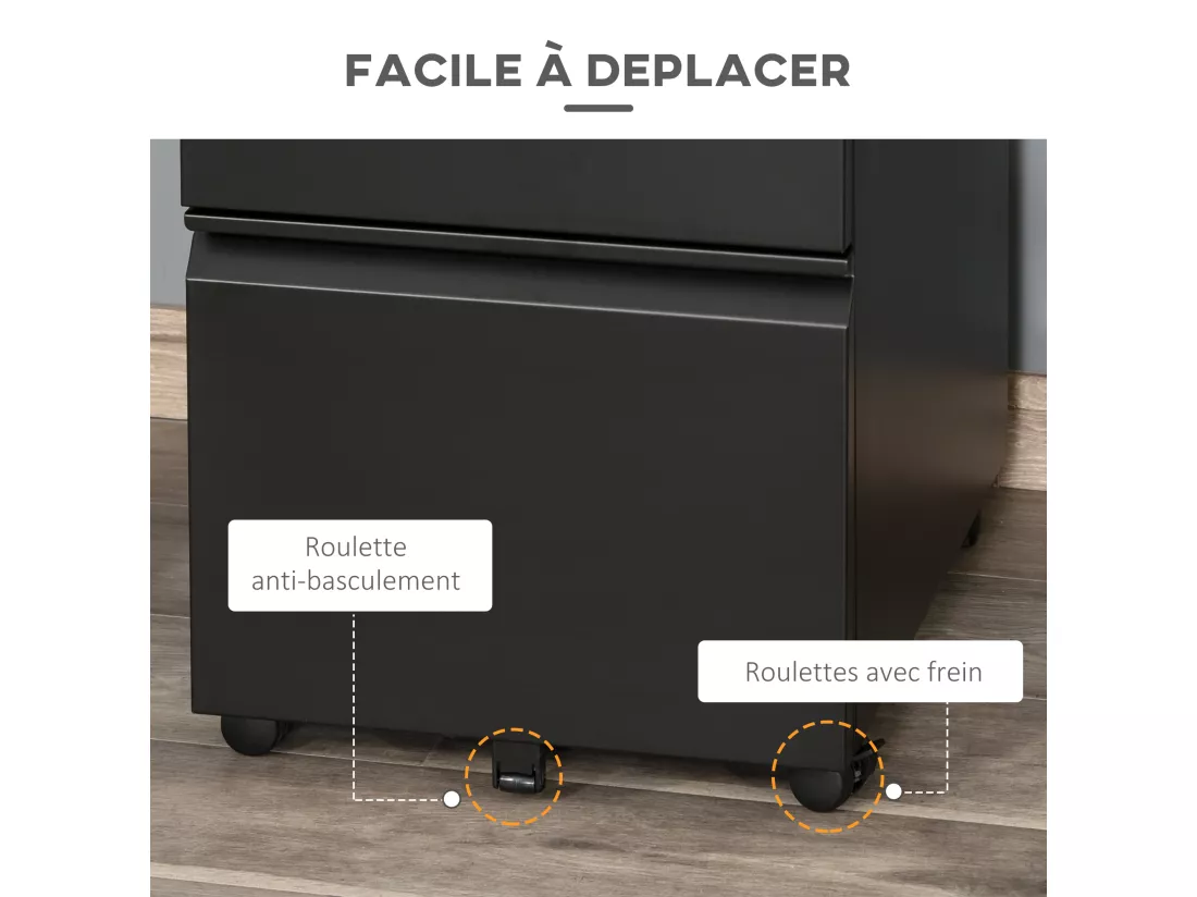 HOMCOM Caisson de Bureau Rangement Bureau sur Roulettes 3 Tiroirs Verrouillables 39l x 48P x 60H cm noir