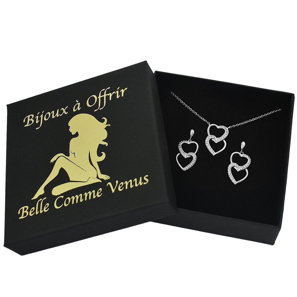 Parure 2 coeurs superposés sertis d'oxydes de zirconium Argent 925 Rhodié