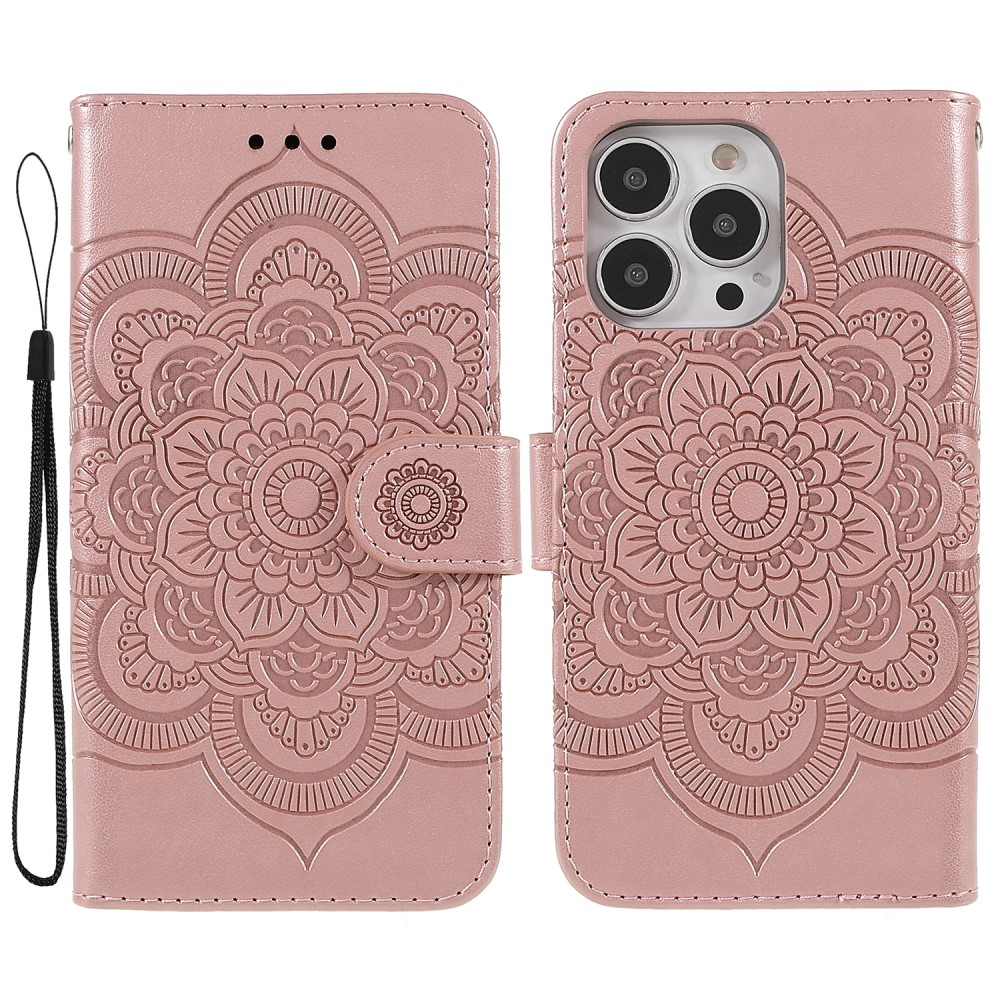 iPhone 13 Pro Leder Tasche Wallet - Mandala Flowers Imprint - Roségold