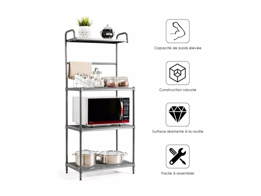 Étagère de Cuisine, Etagère de Micro-Ondes et Four en Métal Robuste Meuble Rangement sur Pied à 4 Niveaux Multifonctionnelle 60 x 34,5 x 136 CM Gris avec Pieds Réglables