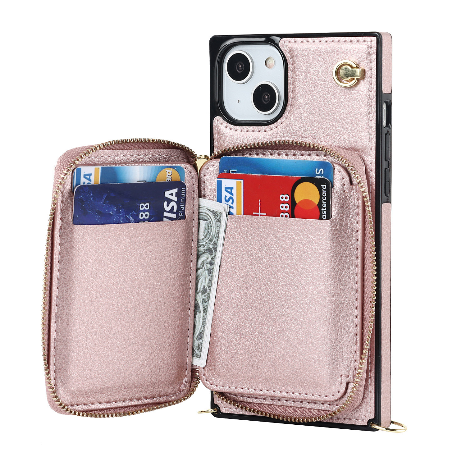 iPhone 14 Pro Max Necklace Leder Schutz Hülle mit Kartenfächer   Handykette (140cm) - Rosa