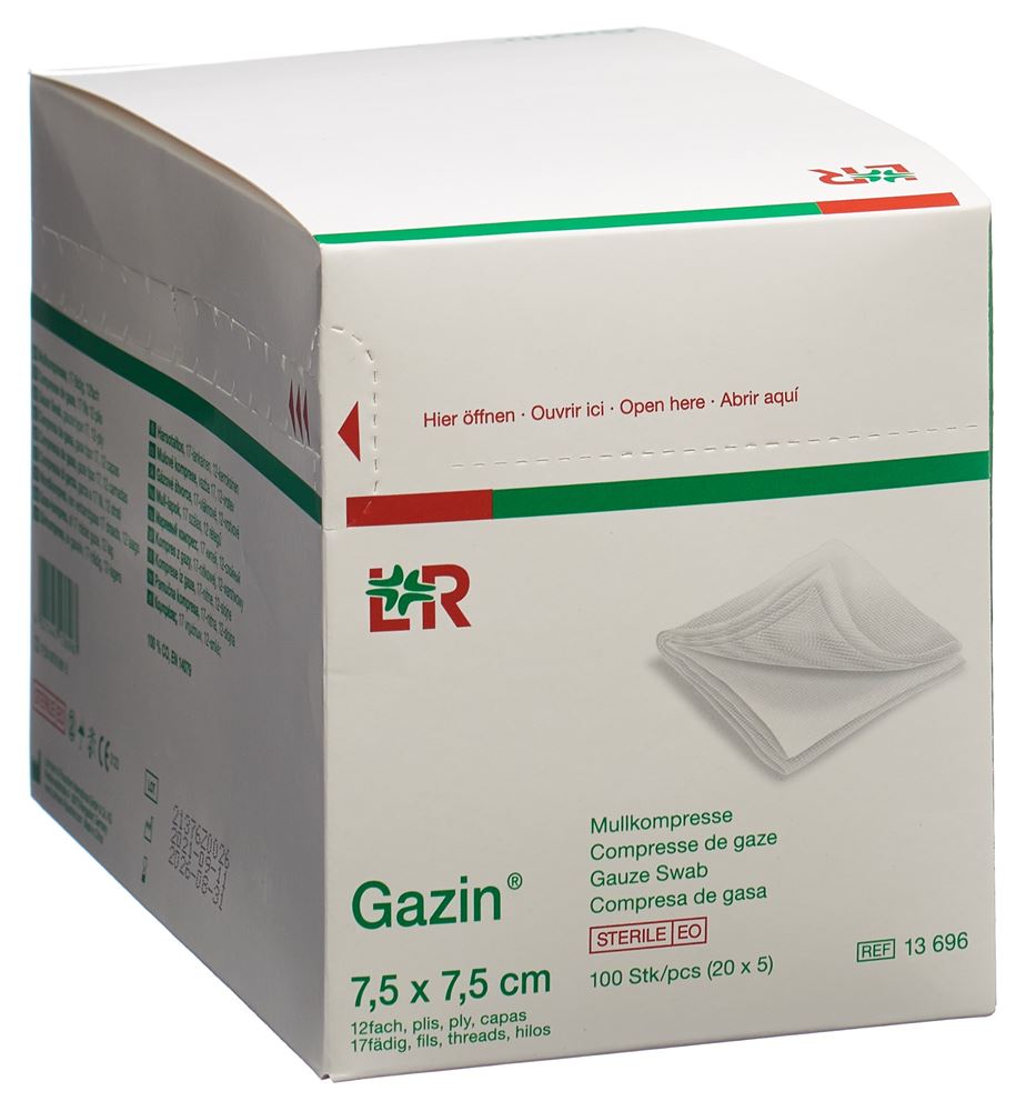 GAZIN Mullkompressen 7.5x7.5cm 12-fach Set steril 5 Stk