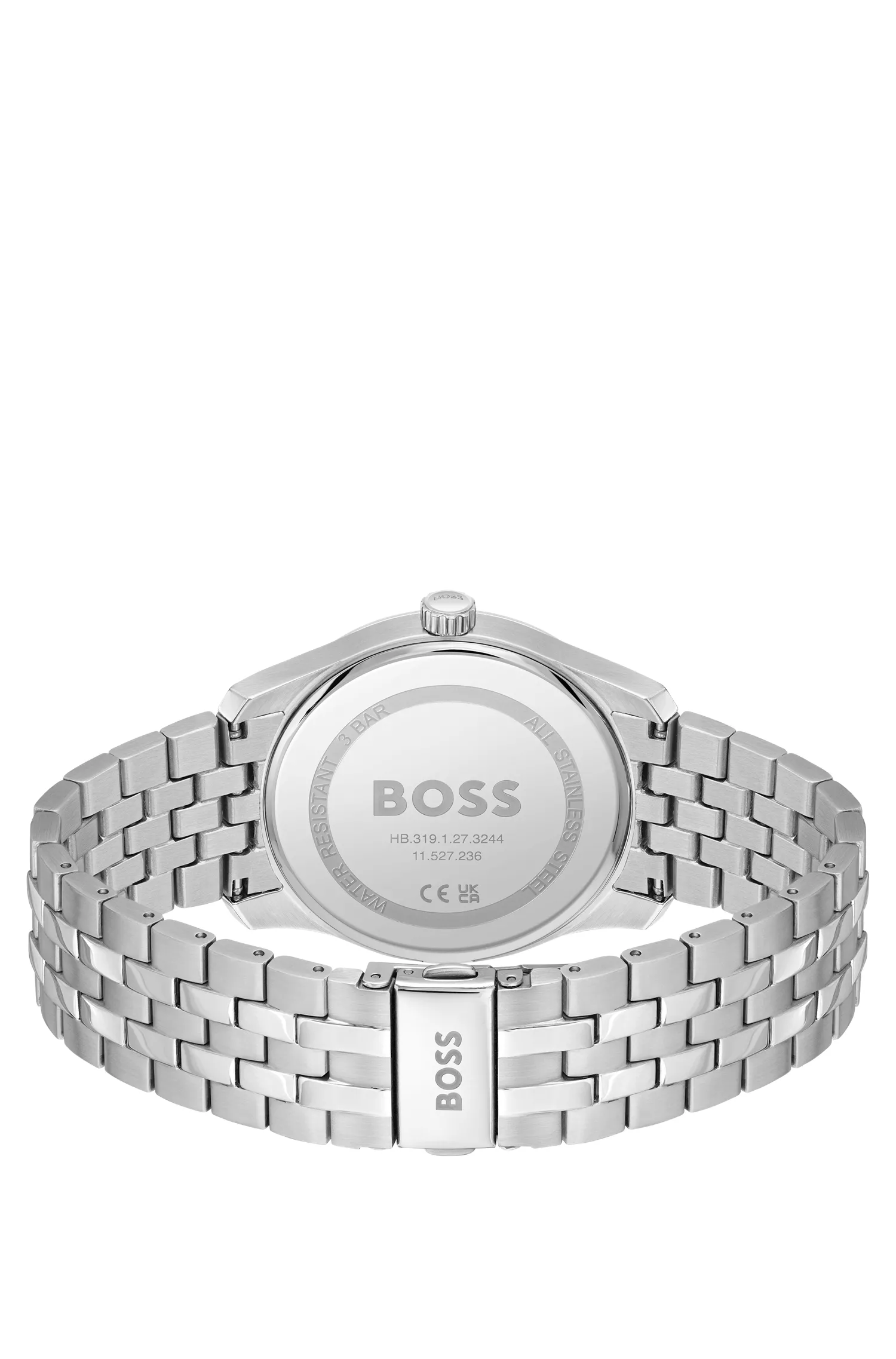 Relógio BOSS com pulseira preta de múltiplos elos e mostrador preto com padrão.