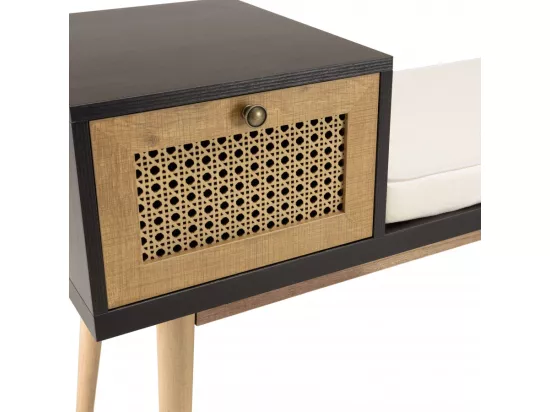 CHARLIE - Banc marron assise noire 1 tiroir effet cannage