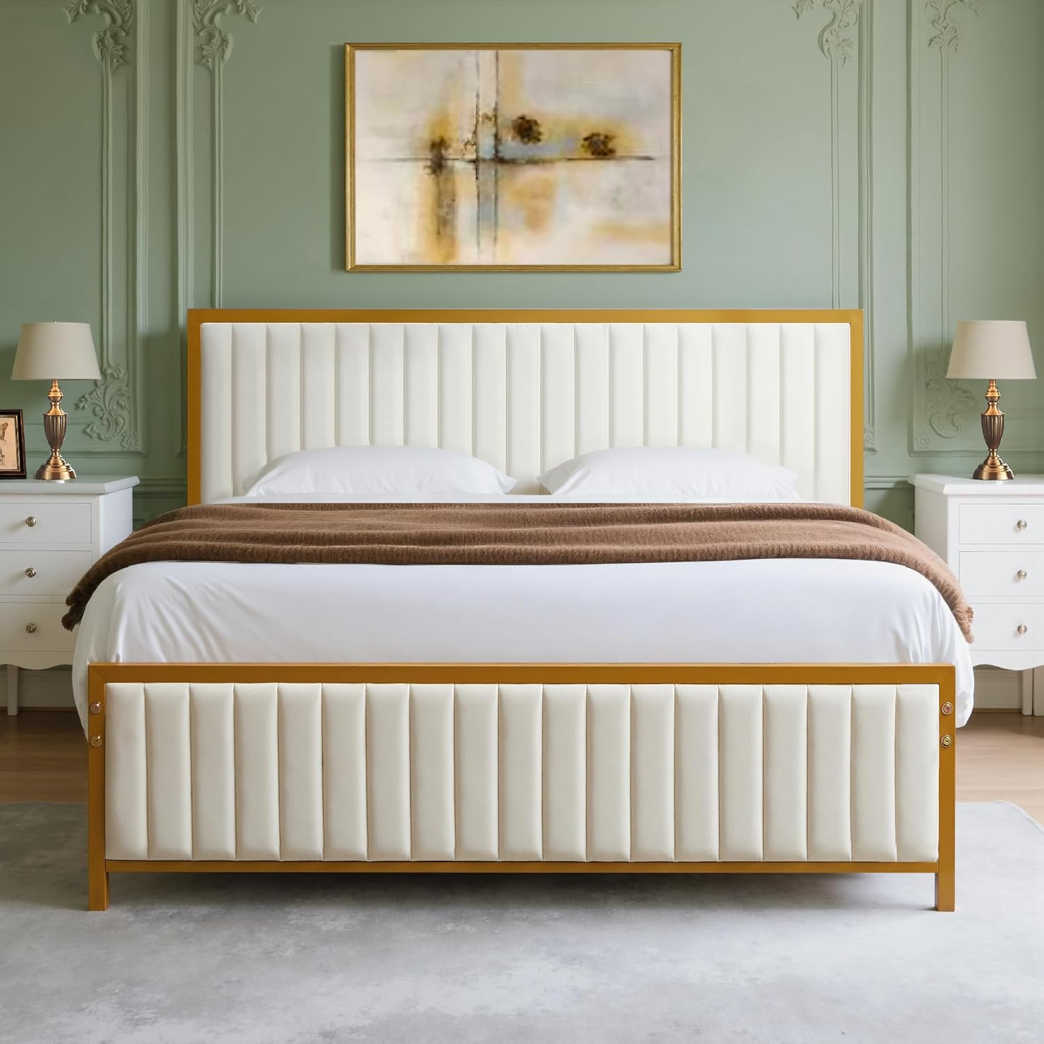 VECELO Bettgestell 140 x 200 cm, Metallbett Doppelbett mit Gepolstertem Kopf- und Fußteil, Bettrahmen mit Lattenrost, 32cm Höhe unter dem Bett, Kein Boxspring Erforderlich, Beige