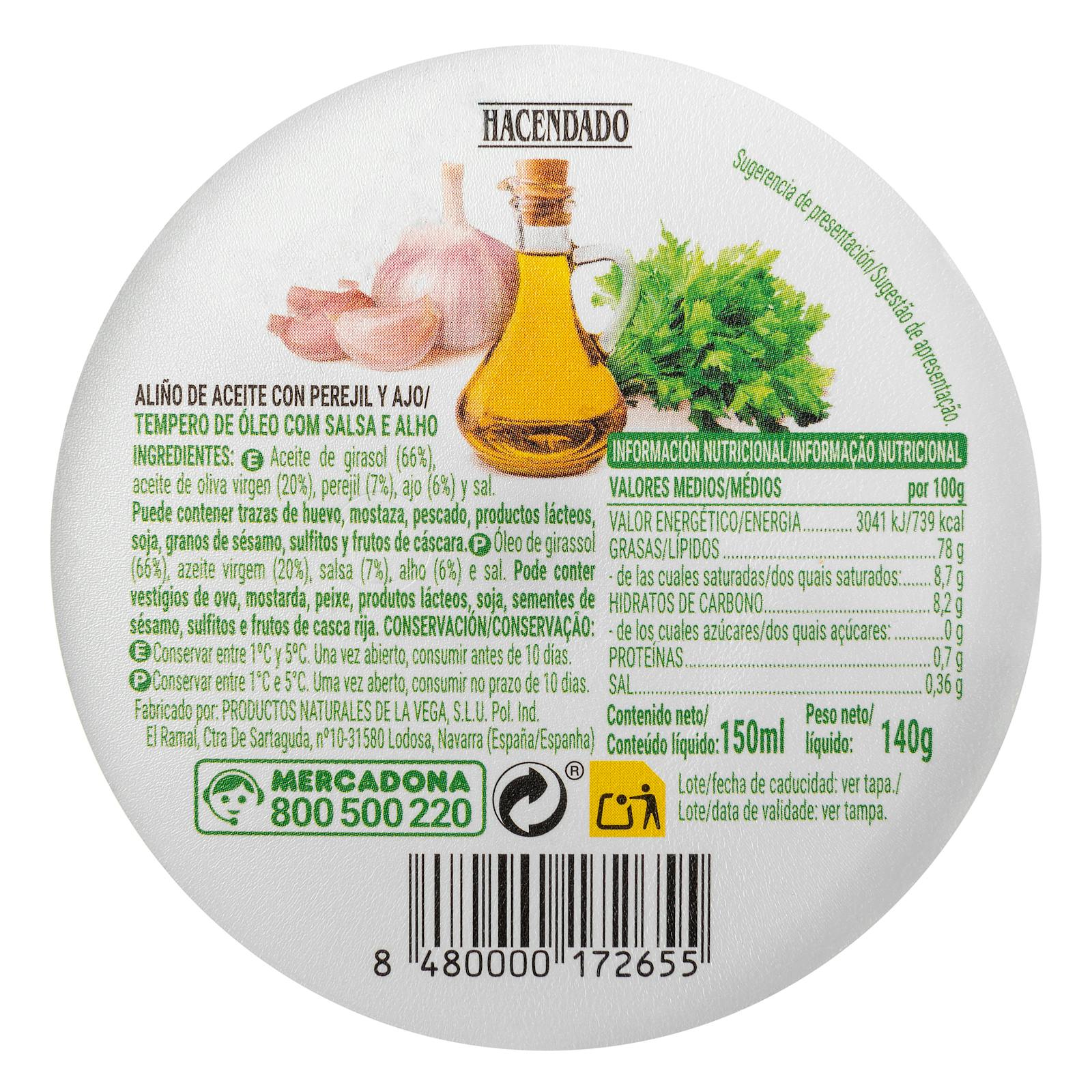 Vinaigrette à l'huile Hacendado avec persil et ail