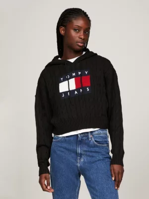 Moletom cropped com capuz e emblema de bandeira em tricô